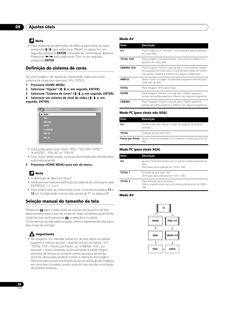 Definição do sistema de cores, Seleção manual do tamanho da tela, Ajustes úteis 09 | Pioneer PureVision PDP-507XG User Manual | Page 132 / 195