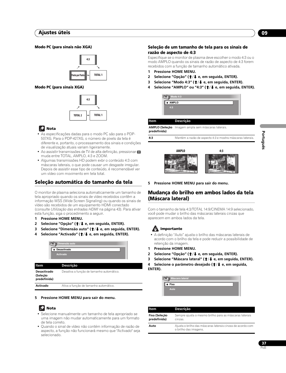 Seleção automática do tamanho da tela, Ajustes úteis 09 | Pioneer PureVision PDP-507XG User Manual | Page 133 / 195