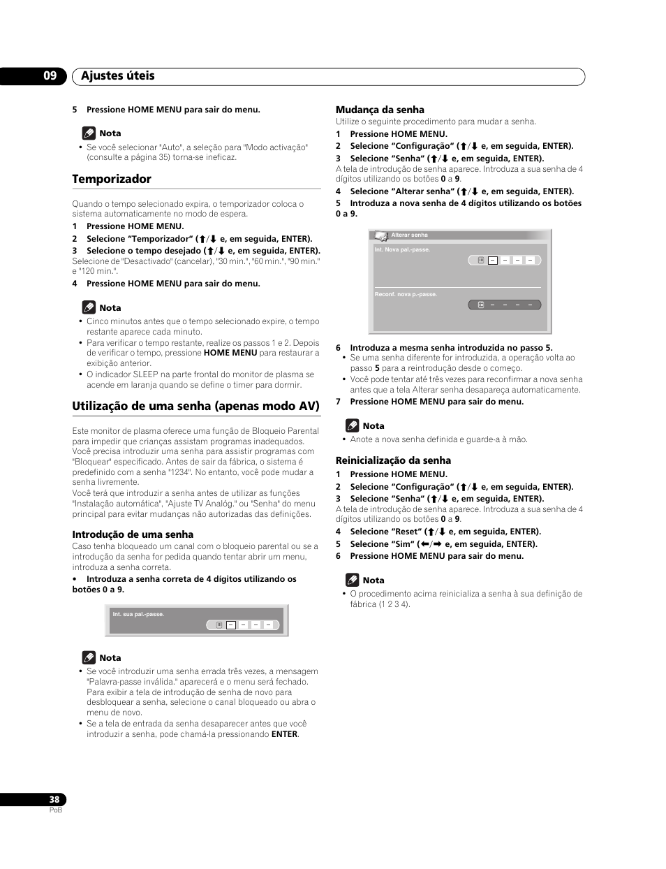 Temporizador, Utilização de uma senha (apenas modo av), Introdução de uma senha | Mudança da senha, Reinicialização da senha, Ajustes úteis 09 | Pioneer PureVision PDP-507XG User Manual | Page 134 / 195