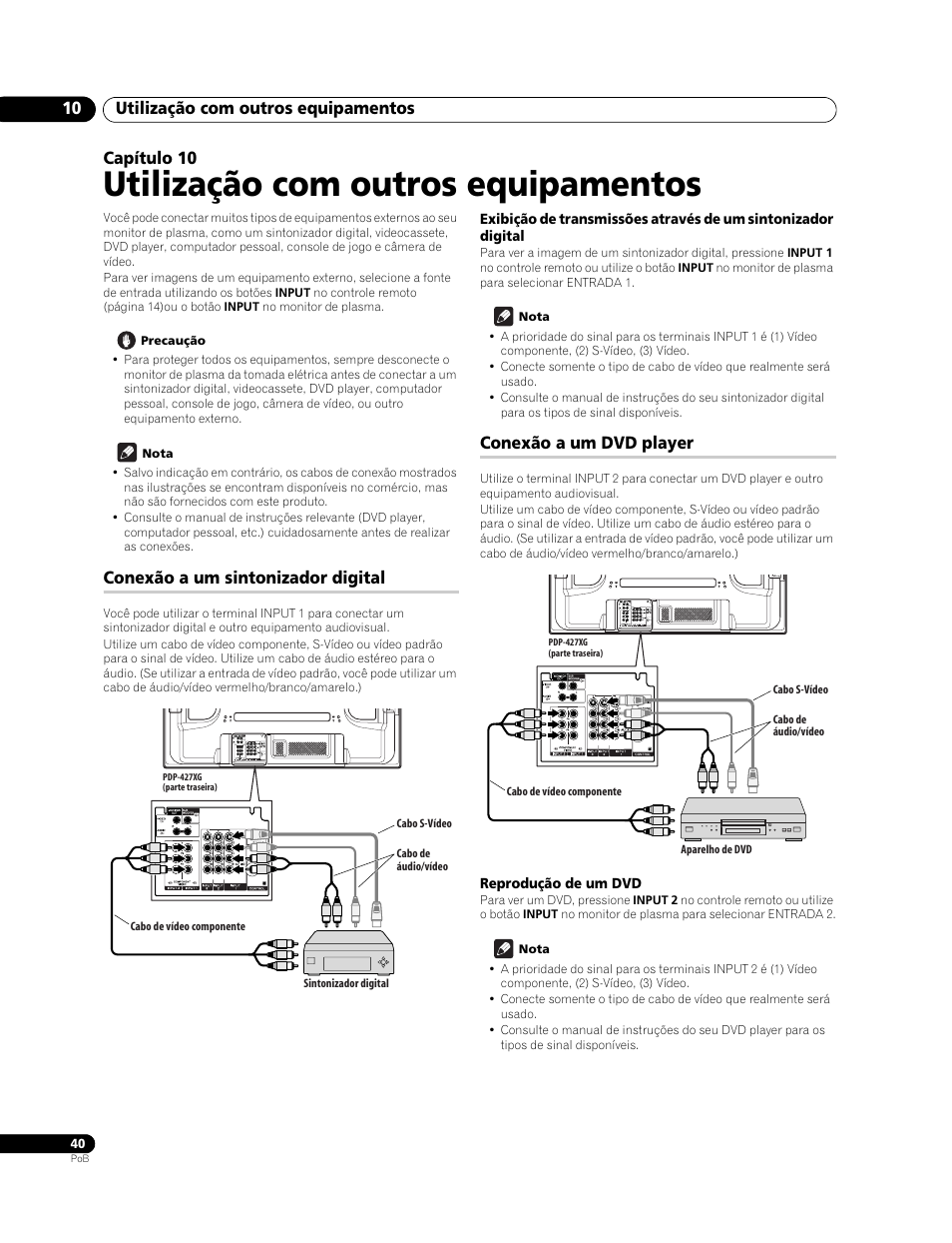 10 utilização com outros equipamentos, Conexão a um sintonizador digital, Conexão a um dvd player | Reprodução de um dvd, Utilização com outros equipamentos, Utilização com outros equipamentos 10, Capítulo 10 | Pioneer PureVision PDP-507XG User Manual | Page 136 / 195
