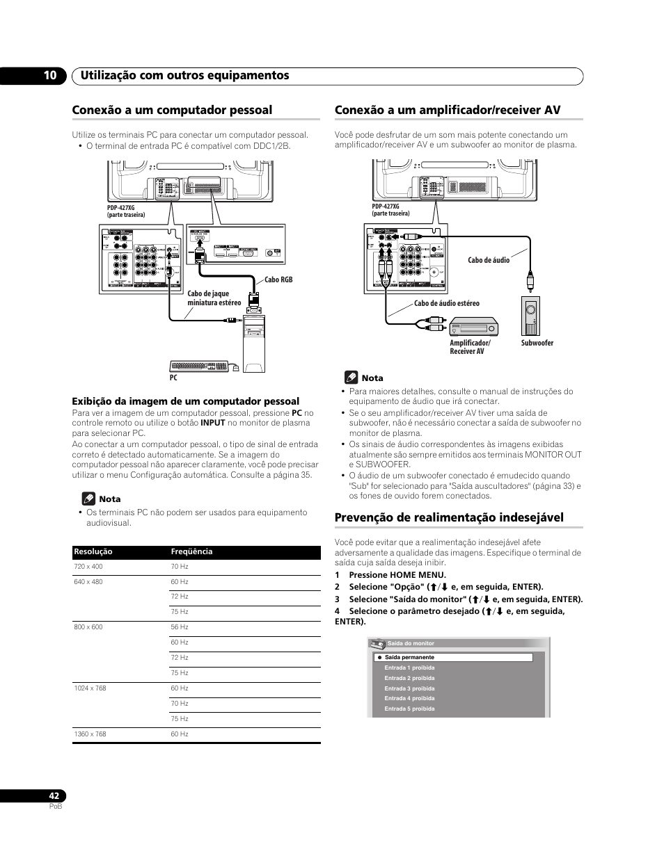 Conexão a um computador pessoal, Exibição da imagem de um computador pessoal, Conexão a um amplificador/receiver av | Prevenção de realimentação indesejável, Utilização com outros equipamentos 10 | Pioneer PureVision PDP-507XG User Manual | Page 138 / 195