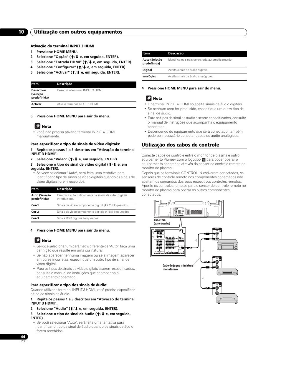 Utilização dos cabos de controle, Utilização com outros equipamentos 10 | Pioneer PureVision PDP-507XG User Manual | Page 140 / 195