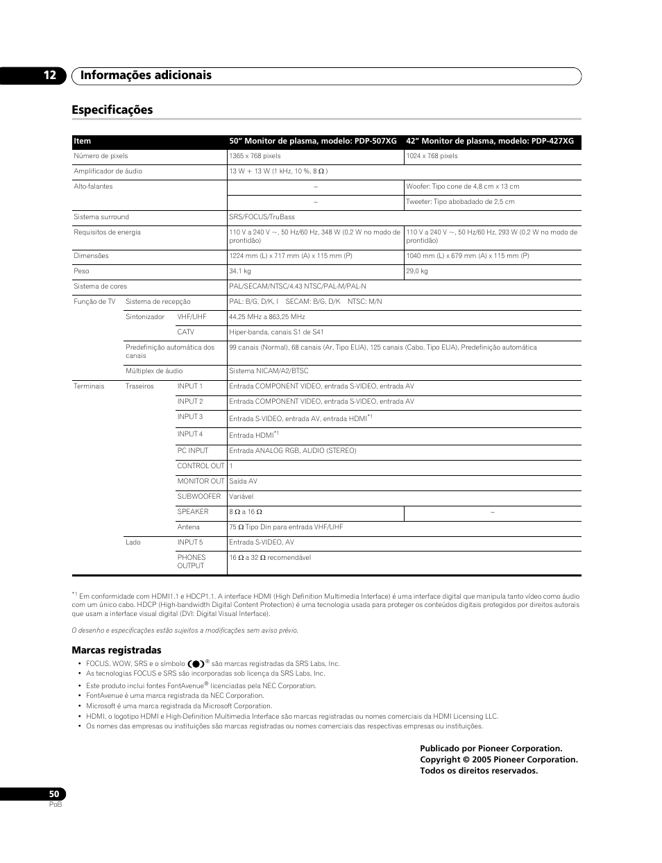 Especificações, Marcas registradas, Informações adicionais 12 | Pioneer PureVision PDP-507XG User Manual | Page 146 / 195