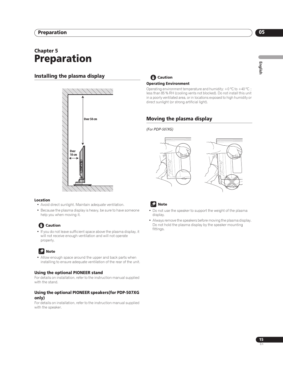 05 preparation, Installing the plasma display, Moving the plasma display | Preparation, Preparation 05, Chapter 5 | Pioneer PureVision PDP-507XG User Manual | Page 15 / 195