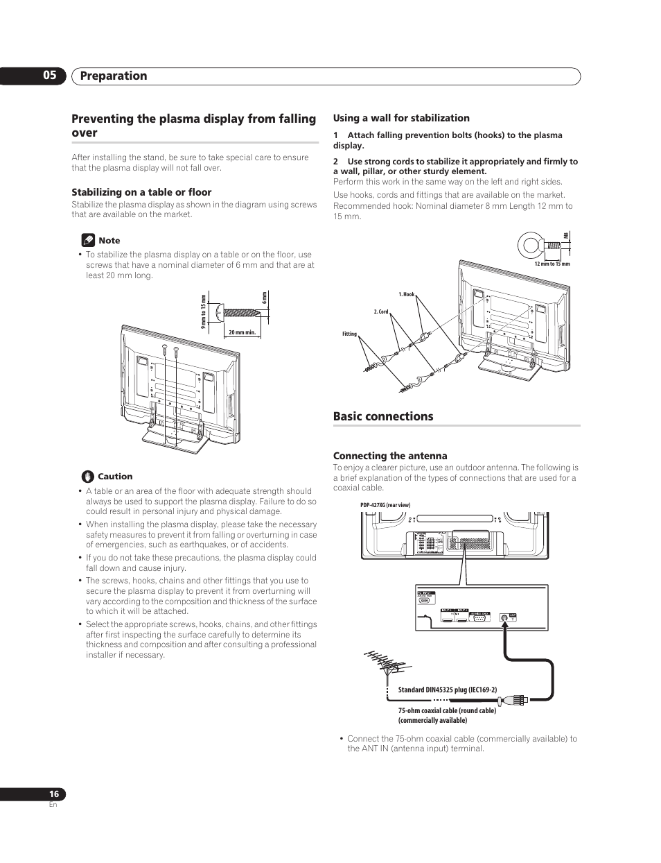 Preventing the plasma display from falling over, Stabilizing on a table or floor, Using a wall for stabilization | Basic connections, Connecting the antenna, Preparation 05 | Pioneer PureVision PDP-507XG User Manual | Page 16 / 195