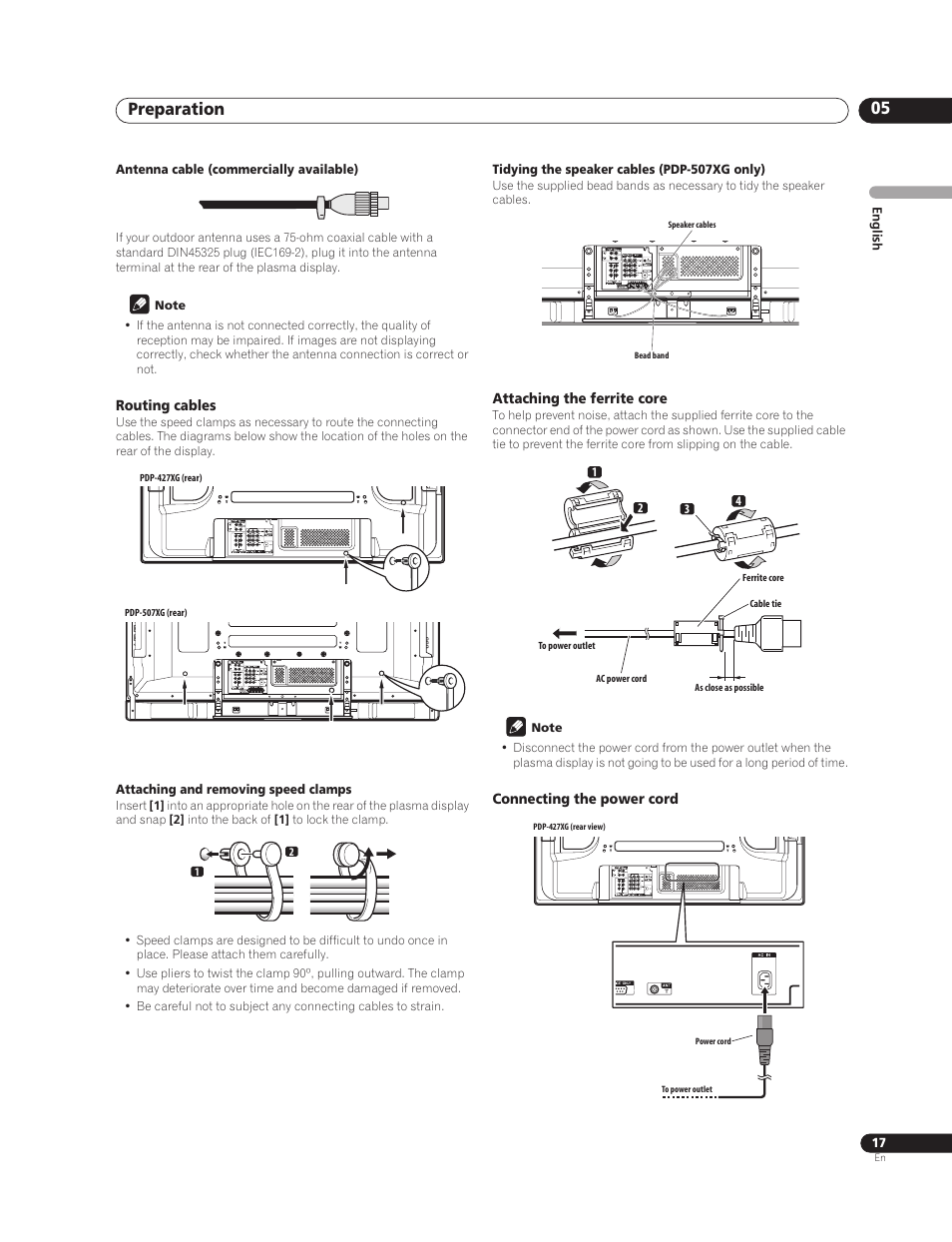 Routing cables, Attaching the ferrite core, Connecting the power cord | Preparation 05 | Pioneer PureVision PDP-507XG User Manual | Page 17 / 195