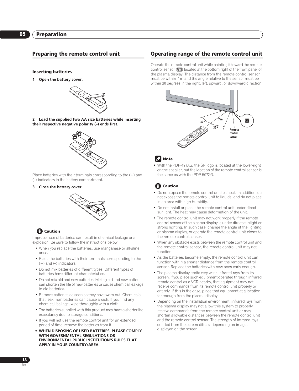 Preparing the remote control unit, Inserting batteries, Operating range of the remote control unit | Preparation 05 | Pioneer PureVision PDP-507XG User Manual | Page 18 / 195