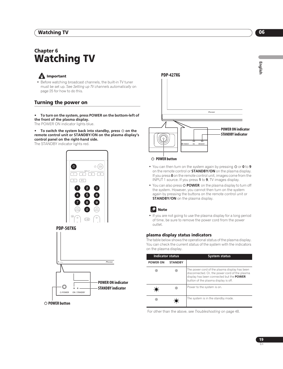 06 watching tv, Turning the power on, Plasma display status indicators | Watching tv, Watching tv 06, Chapter 6, Pdp-507xg, Pdp-427xg | Pioneer PureVision PDP-507XG User Manual | Page 19 / 195
