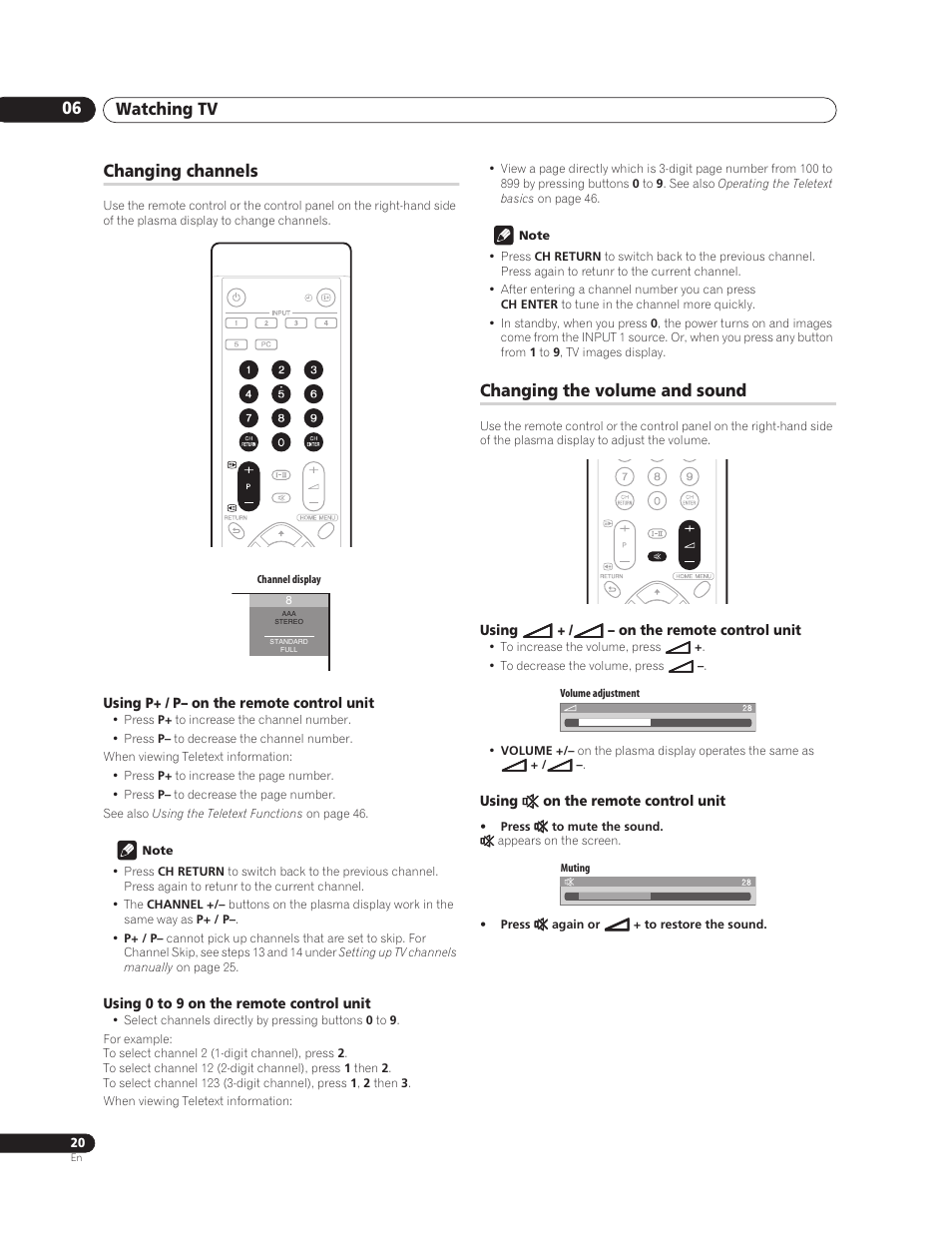 Changing channels, Using p+ / p– on the remote control unit, Using 0 to 9 on the remote control unit | Changing the volume and sound, Using, On the remote control unit, Watching tv 06 | Pioneer PureVision PDP-507XG User Manual | Page 20 / 195