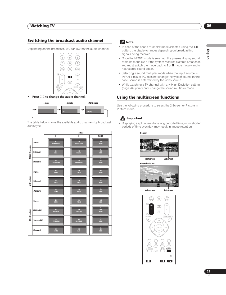 Switching the broadcast audio channel, Using the multiscreen functions, Watching tv 06 | English | Pioneer PureVision PDP-507XG User Manual | Page 21 / 195