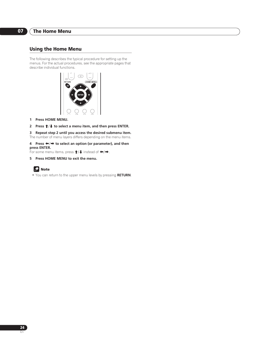 Using the home menu, The home menu 07 | Pioneer PureVision PDP-507XG User Manual | Page 24 / 195