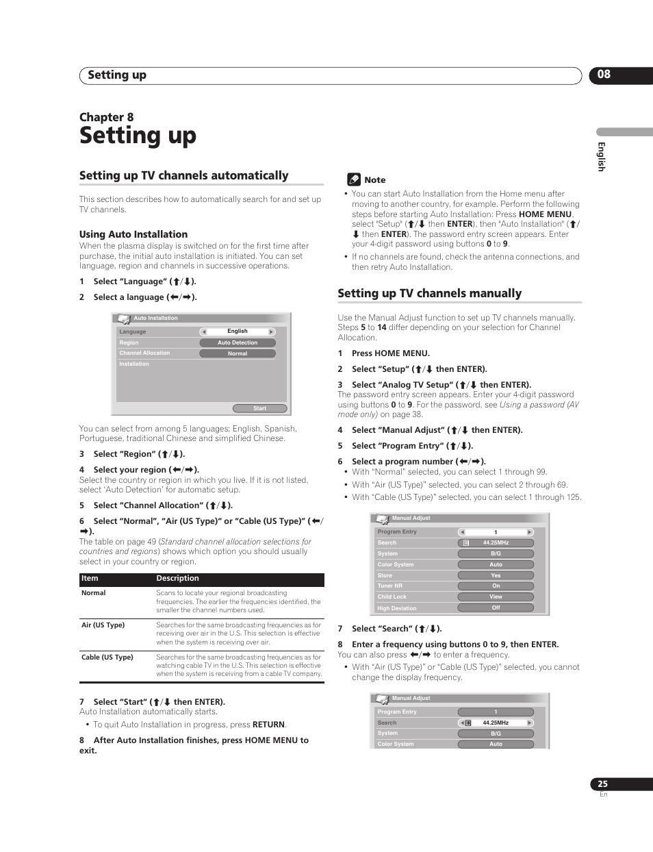 08 setting up, Setting up tv channels automatically, Using auto installation | Setting up tv channels manually, Setting up, Setting up 08, Chapter 8 | Pioneer PureVision PDP-507XG User Manual | Page 25 / 195