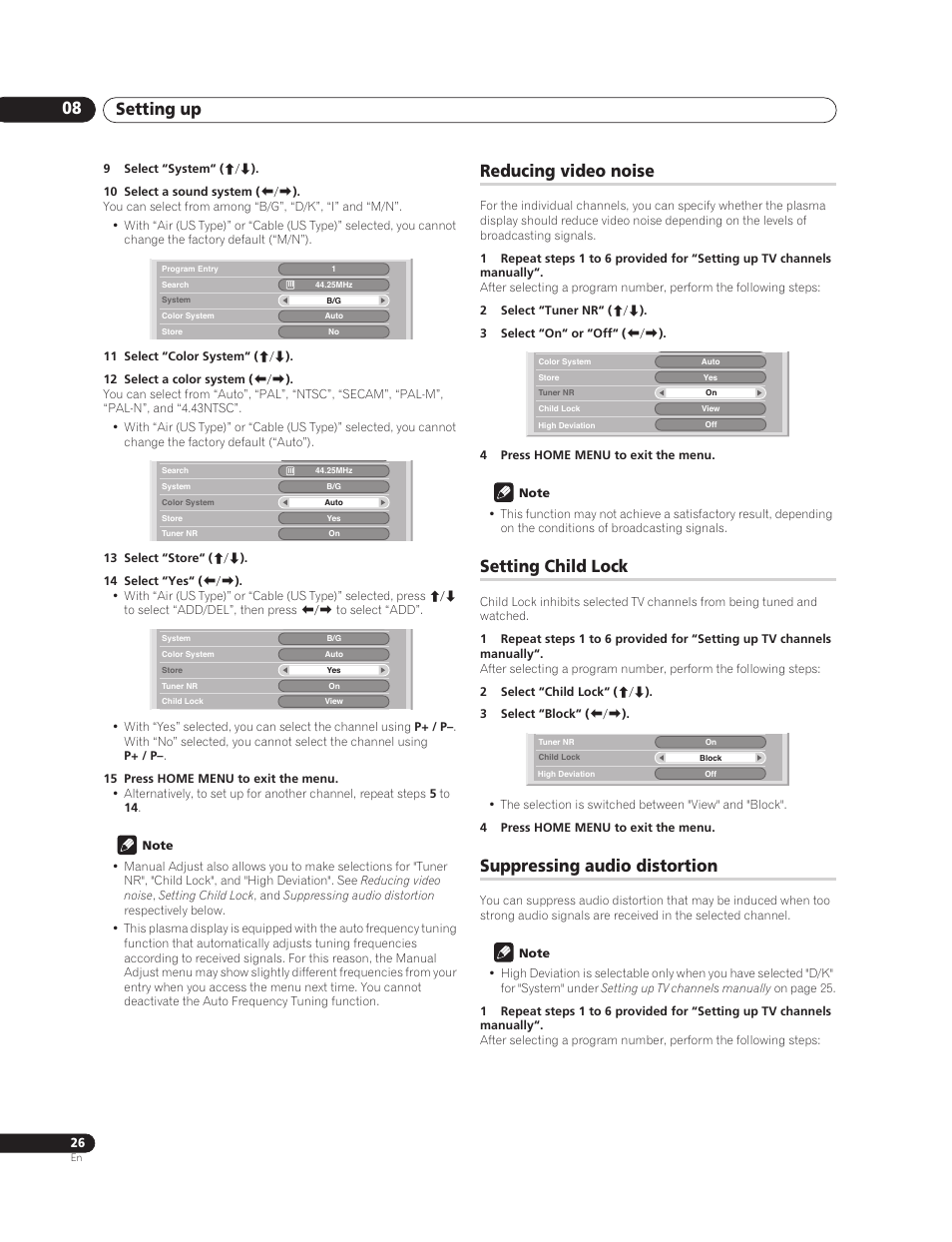 Reducing video noise, Setting child lock, Suppressing audio distortion | Setting up 08 | Pioneer PureVision PDP-507XG User Manual | Page 26 / 195
