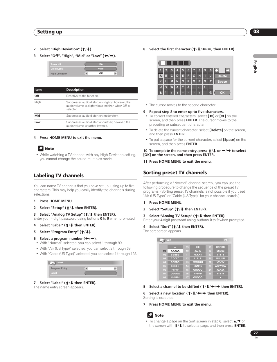 Labeling tv channels, Sorting preset tv channels, Setting up 08 | Pioneer PureVision PDP-507XG User Manual | Page 27 / 195