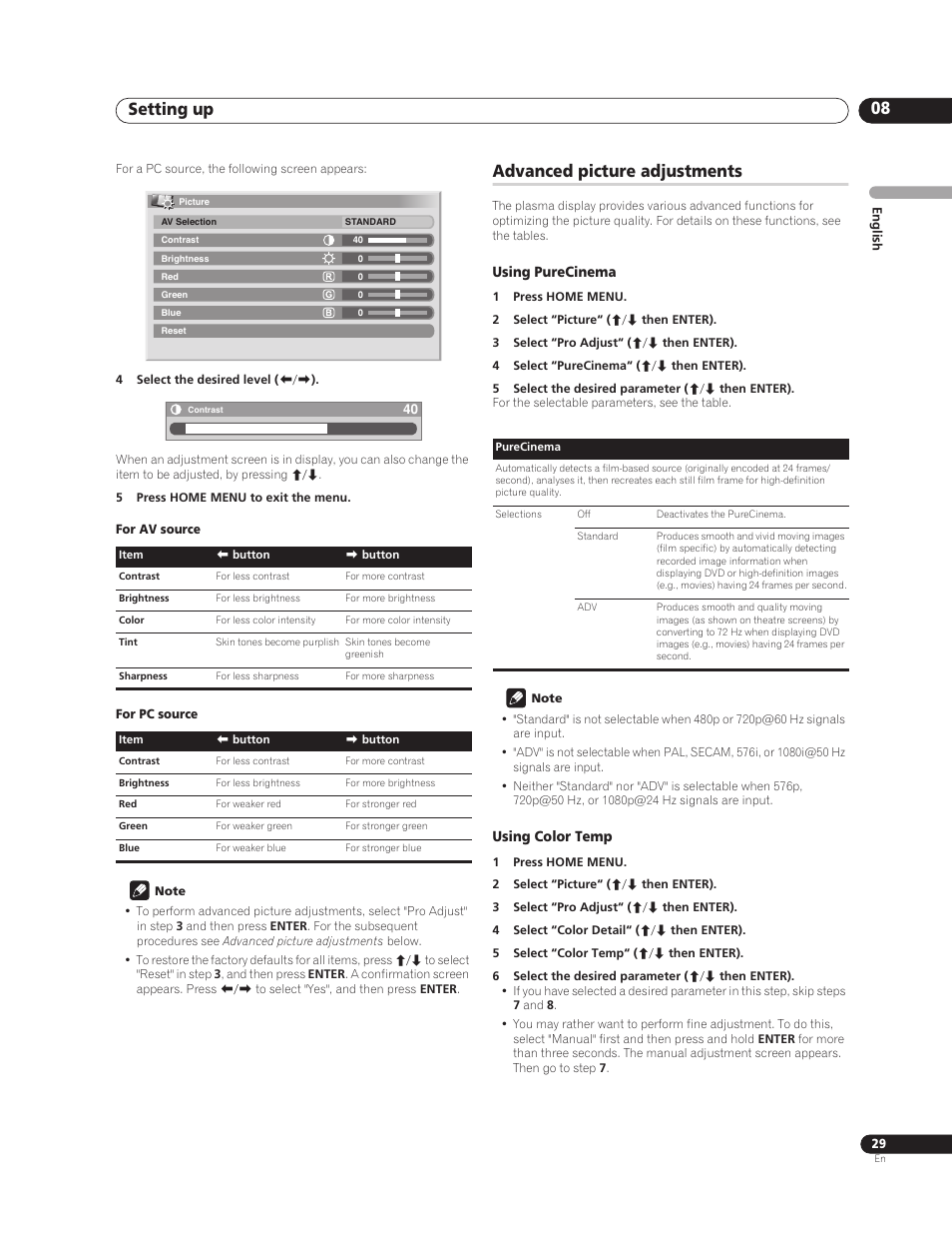 Advanced picture adjustments, Using purecinema, Using color temp | Setting up 08 | Pioneer PureVision PDP-507XG User Manual | Page 29 / 195
