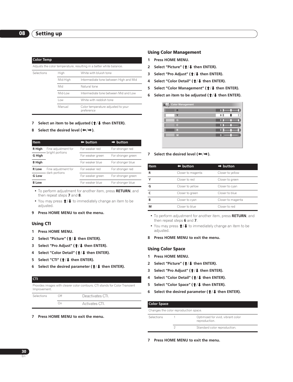 Using cti, Using color management, Using color space | Setting up 08 | Pioneer PureVision PDP-507XG User Manual | Page 30 / 195