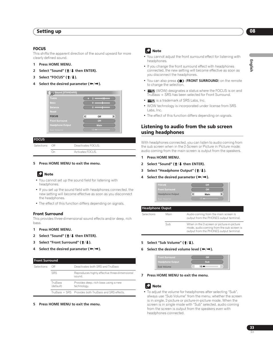 Focus, Front surround, Setting up 08 | Pioneer PureVision PDP-507XG User Manual | Page 33 / 195