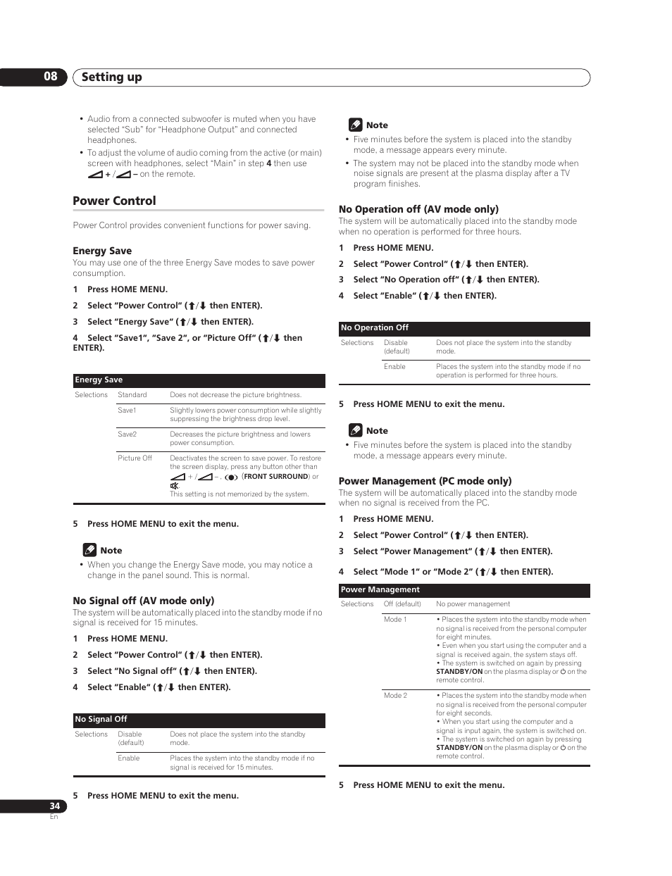 Power control, Energy save, No signal off (av mode only) | No operation off (av mode only), Power management (pc mode only), Setting up 08 | Pioneer PureVision PDP-507XG User Manual | Page 34 / 195