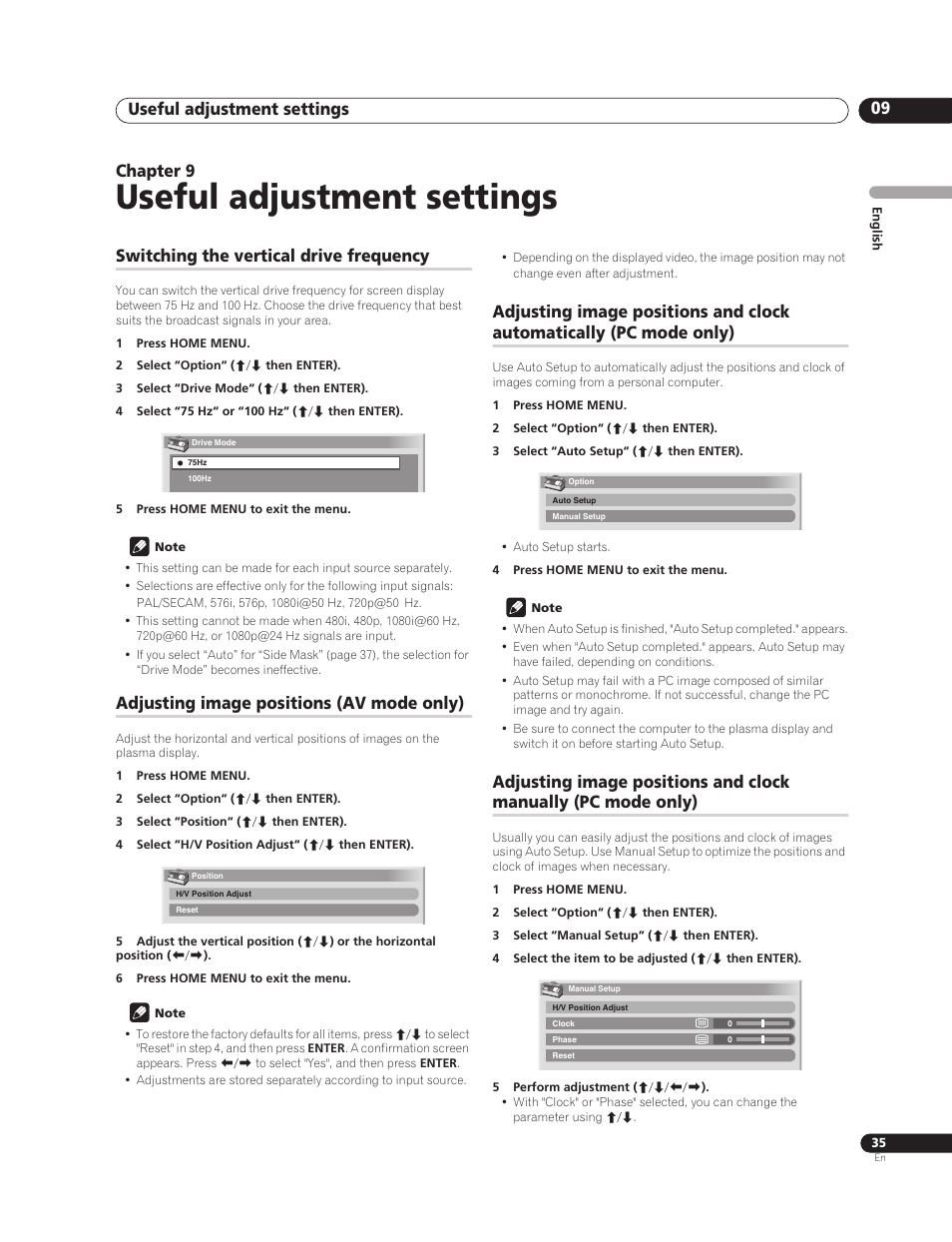 09 useful adjustment settings, Switching the vertical drive frequency, Adjusting image positions (av mode only) | Useful adjustment settings, Useful adjustment settings 09, Chapter 9 | Pioneer PureVision PDP-507XG User Manual | Page 35 / 195