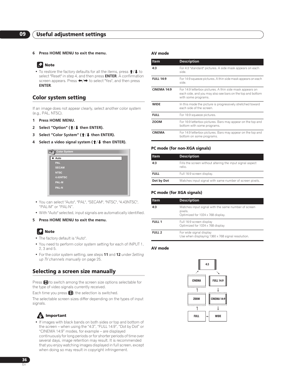 Color system setting, Selecting a screen size manually, Useful adjustment settings 09 | Pioneer PureVision PDP-507XG User Manual | Page 36 / 195
