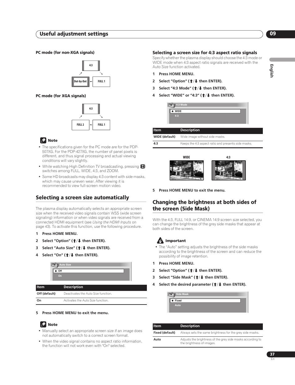 Selecting a screen size automatically, Useful adjustment settings 09 | Pioneer PureVision PDP-507XG User Manual | Page 37 / 195