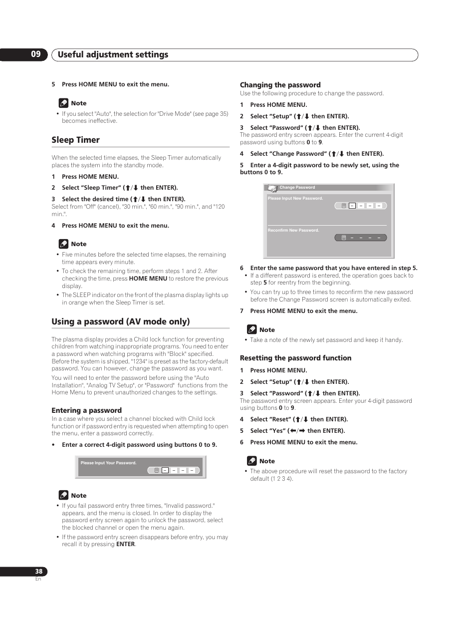 Sleep timer, Using a password (av mode only), Entering a password | Changing the password, Resetting the password function, Useful adjustment settings 09 | Pioneer PureVision PDP-507XG User Manual | Page 38 / 195