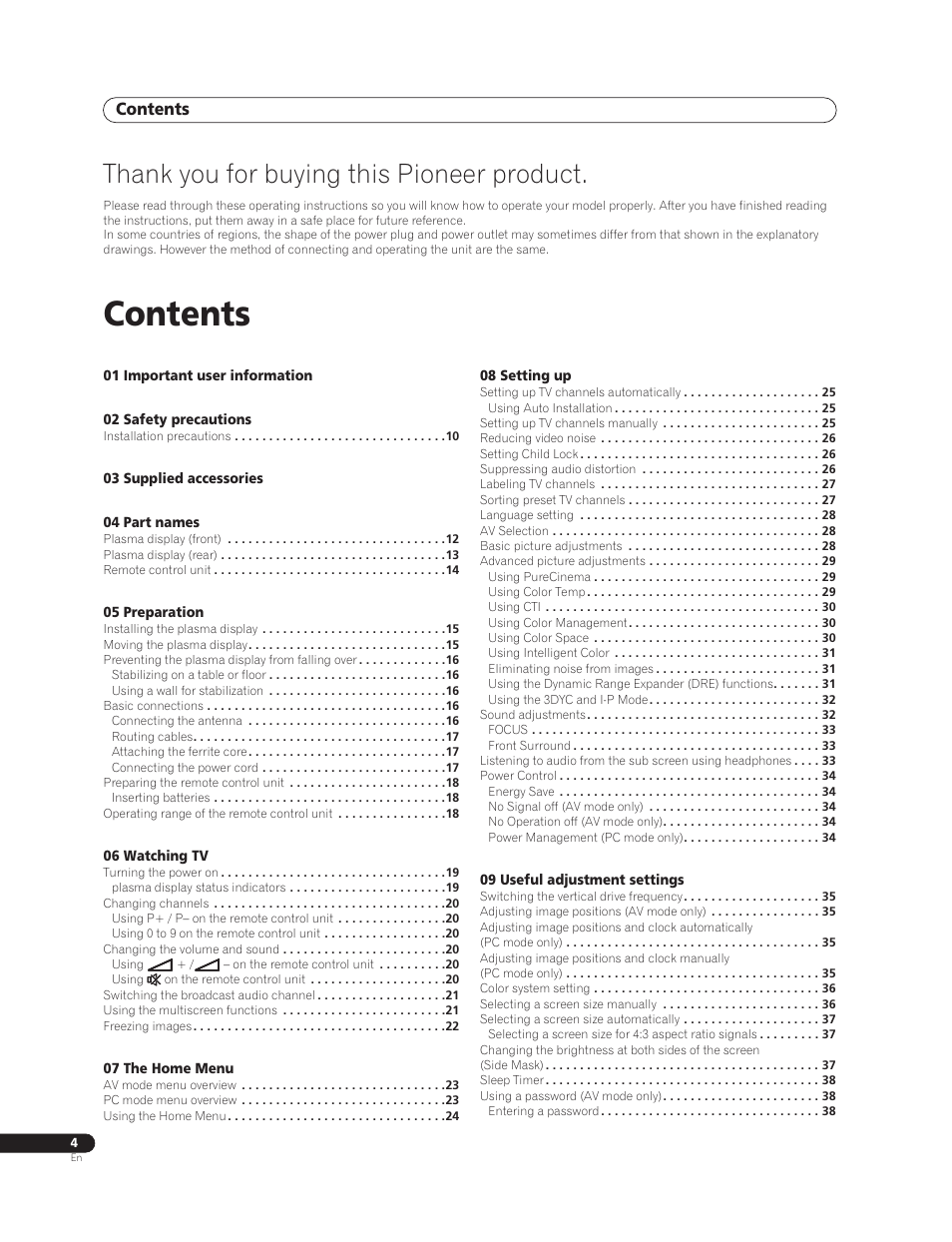 Pioneer PureVision PDP-507XG User Manual | Page 4 / 195