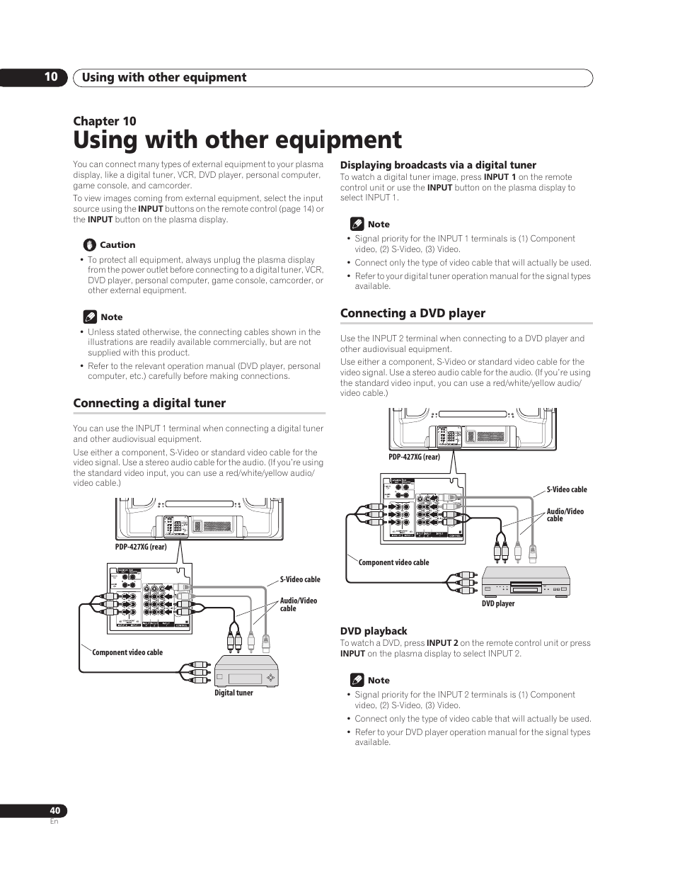 10 using with other equipment, Connecting a digital tuner, Displaying broadcasts via a digital tuner | Connecting a dvd player, Dvd playback, Using with other equipment, Using with other equipment 10, Chapter 10 | Pioneer PureVision PDP-507XG User Manual | Page 40 / 195
