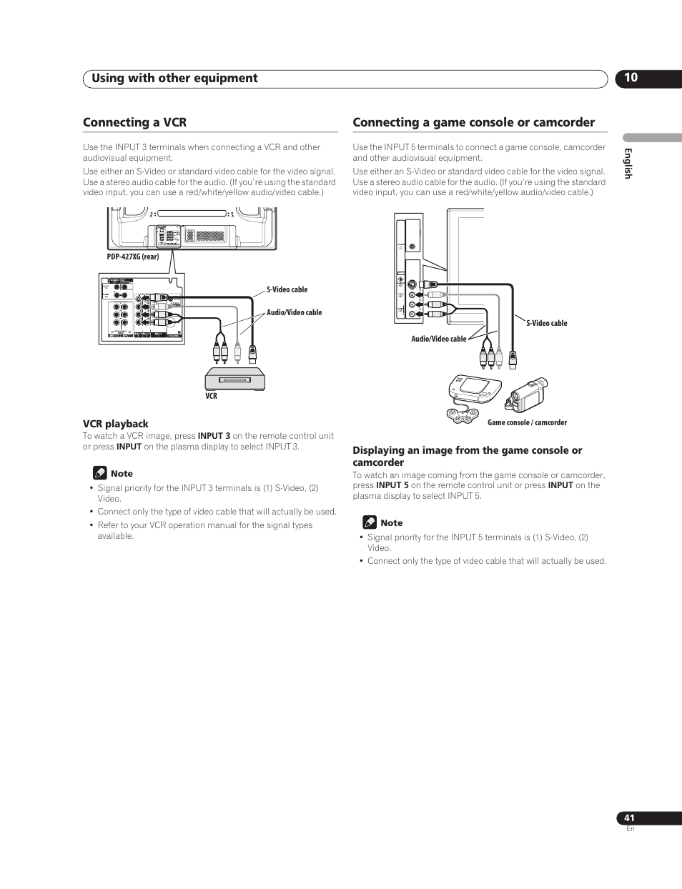Connecting a vcr, Vcr playback, Connecting a game console or camcorder | Using with other equipment 10 | Pioneer PureVision PDP-507XG User Manual | Page 41 / 195