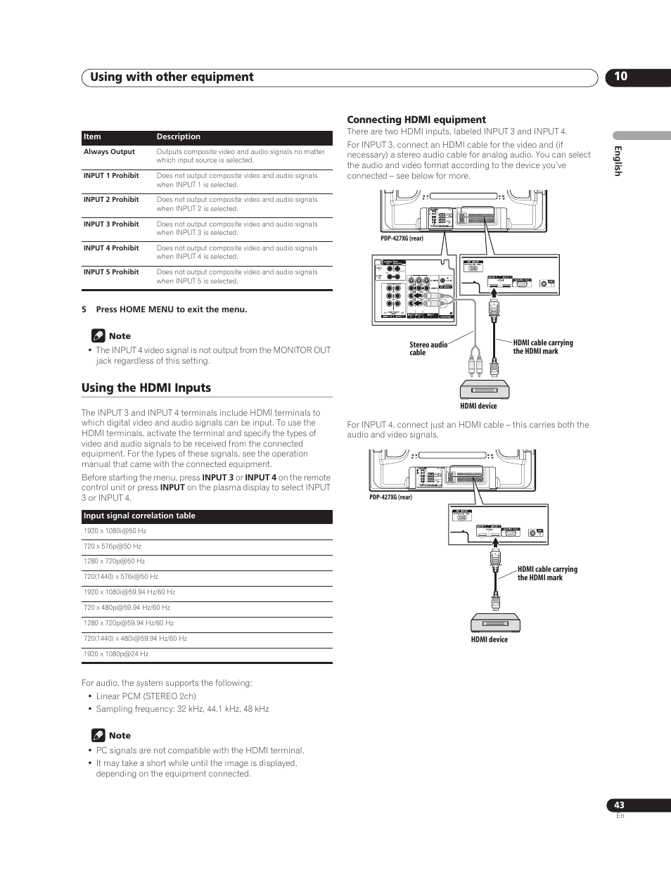 Using the hdmi inputs, Connecting hdmi equipment, Using with other equipment 10 | Pioneer PureVision PDP-507XG User Manual | Page 43 / 195