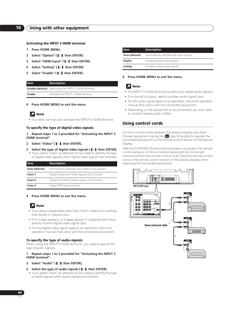 Using control cords, Using with other equipment 10 | Pioneer PureVision PDP-507XG User Manual | Page 44 / 195