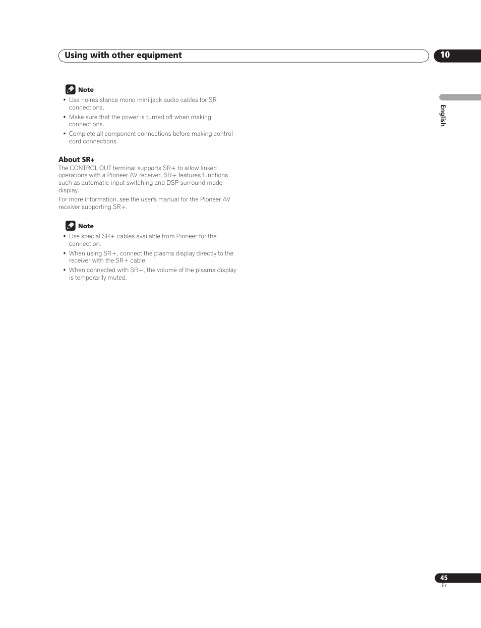 About sr, Using with other equipment 10 | Pioneer PureVision PDP-507XG User Manual | Page 45 / 195