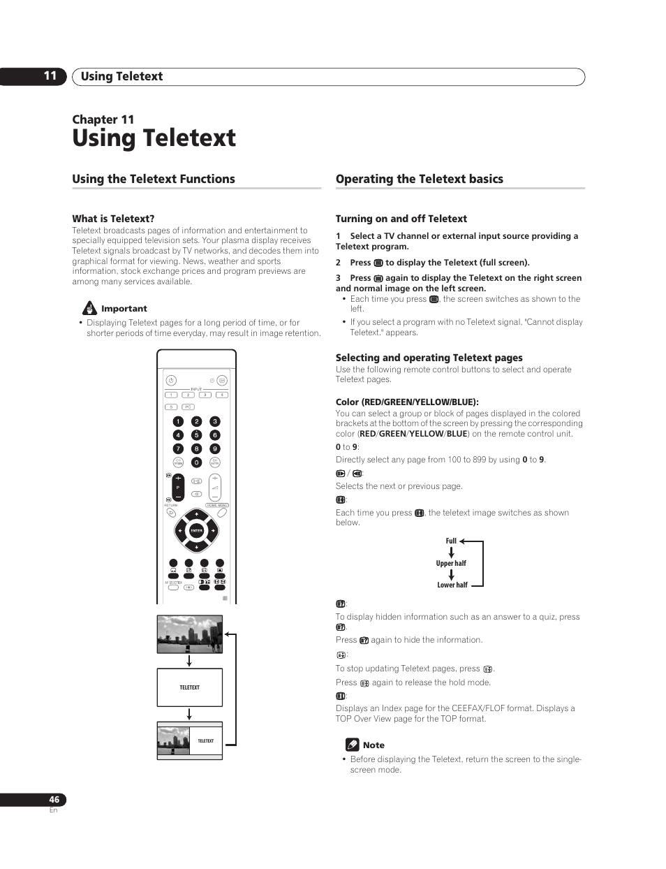 11 using teletext, Using the teletext functions, What is teletext | Operating the teletext basics, Turning on and off teletext, Using teletext, Using teletext 11, Chapter 11 | Pioneer PureVision PDP-507XG User Manual | Page 46 / 195