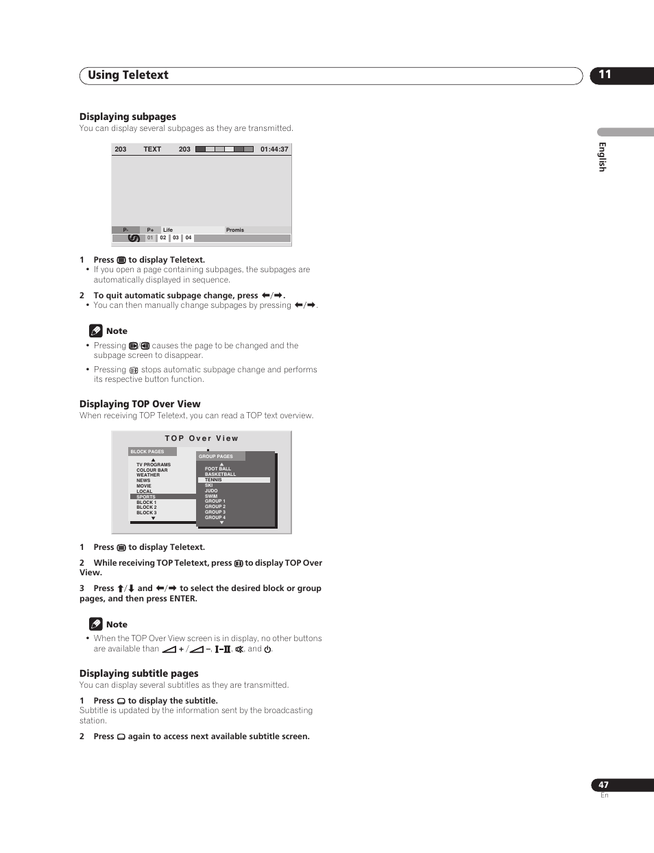 Displaying top over view, Using teletext 11 | Pioneer PureVision PDP-507XG User Manual | Page 47 / 195