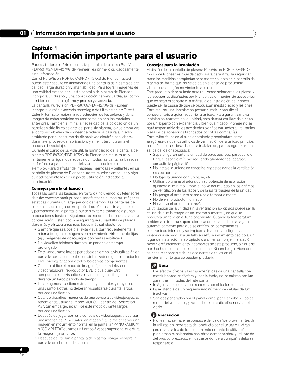 01 información importante para el usuario, Información importante para el usuario, Información importante para el usuario 01 | Capítulo 1 | Pioneer PureVision PDP-507XG User Manual | Page 54 / 195