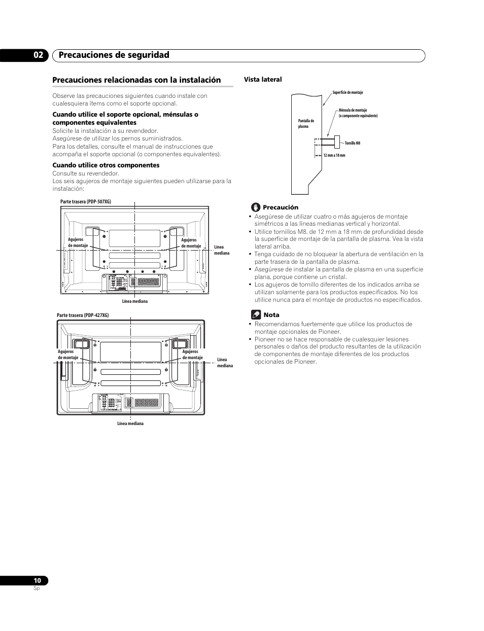 02 precauciones de seguridad, Precauciones relacionadas con la instalación, Precauciones de seguridad 02 | Pioneer PureVision PDP-507XG User Manual | Page 58 / 195