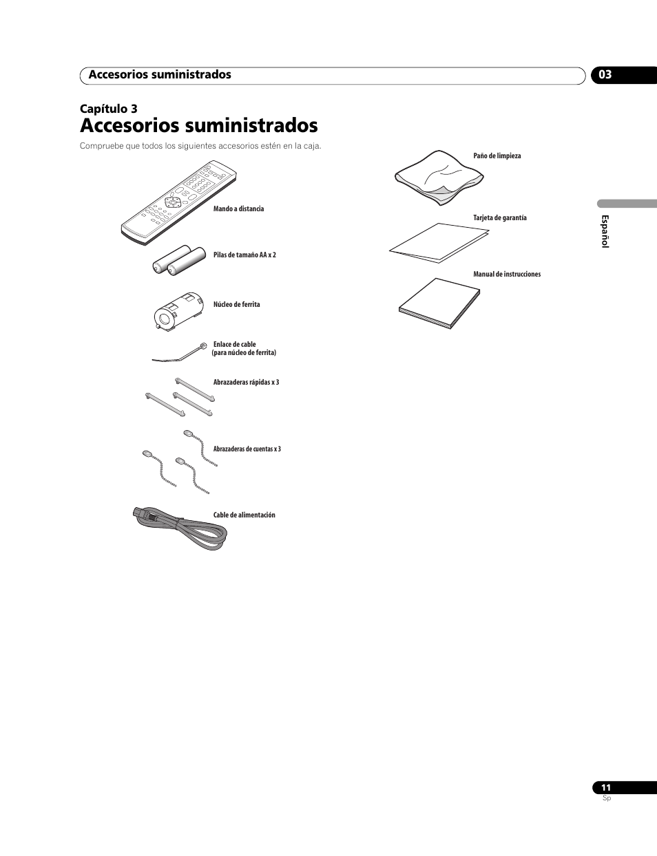 03 accesorios suministrados, Accesorios suministrados, Accesorios suministrados 03 | Capítulo 3 | Pioneer PureVision PDP-507XG User Manual | Page 59 / 195