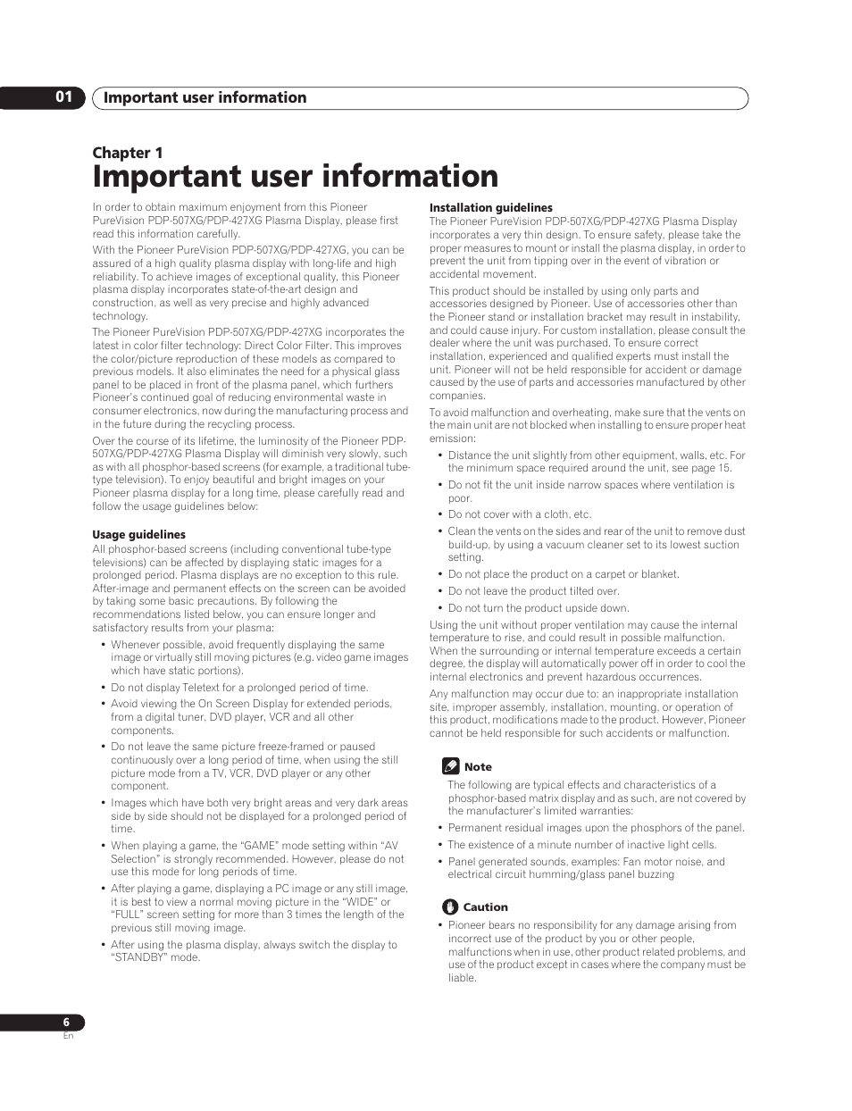 01 important user information, Important user information, Important user information 01 | Chapter 1 | Pioneer PureVision PDP-507XG User Manual | Page 6 / 195