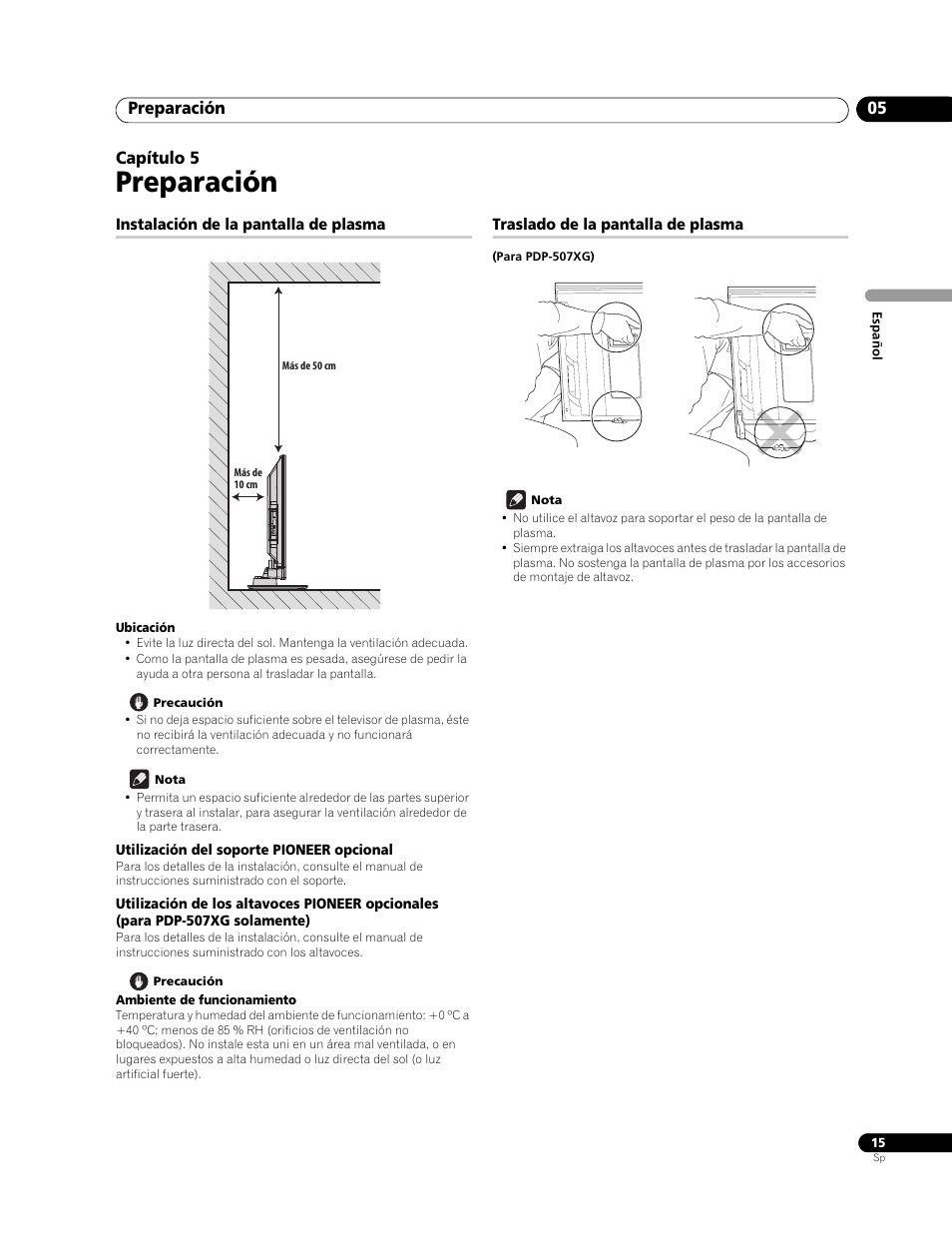 05 preparación, Instalación de la pantalla de plasma, Traslado de la pantalla de plasma | Preparación, Preparación 05, Capítulo 5 | Pioneer PureVision PDP-507XG User Manual | Page 63 / 195