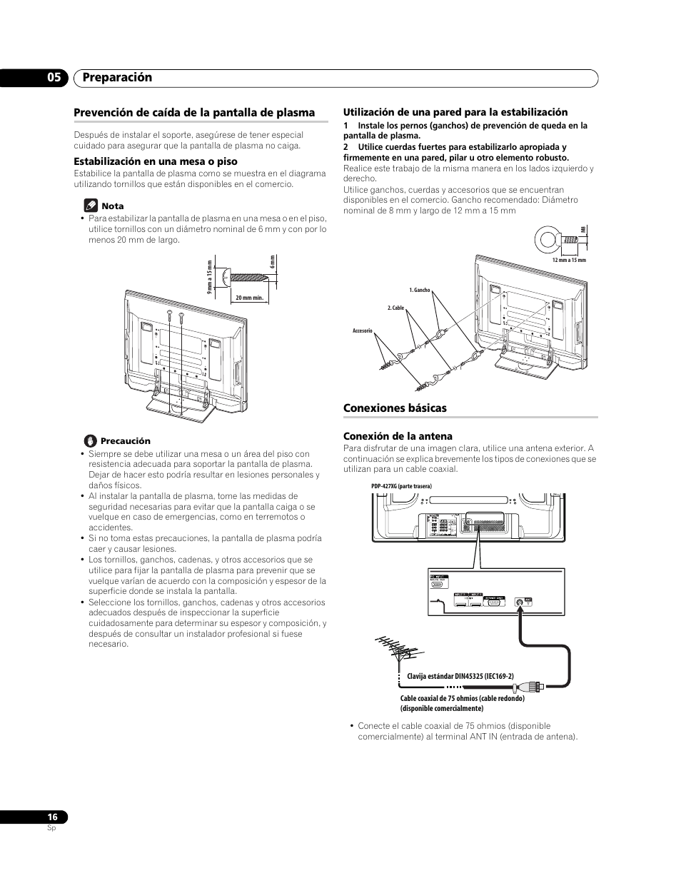 Prevención de caída de la pantalla de plasma, Estabilización en una mesa o piso, Utilización de una pared para la estabilización | Conexiones básicas, Conexión de la antena, Preparación 05 | Pioneer PureVision PDP-507XG User Manual | Page 64 / 195