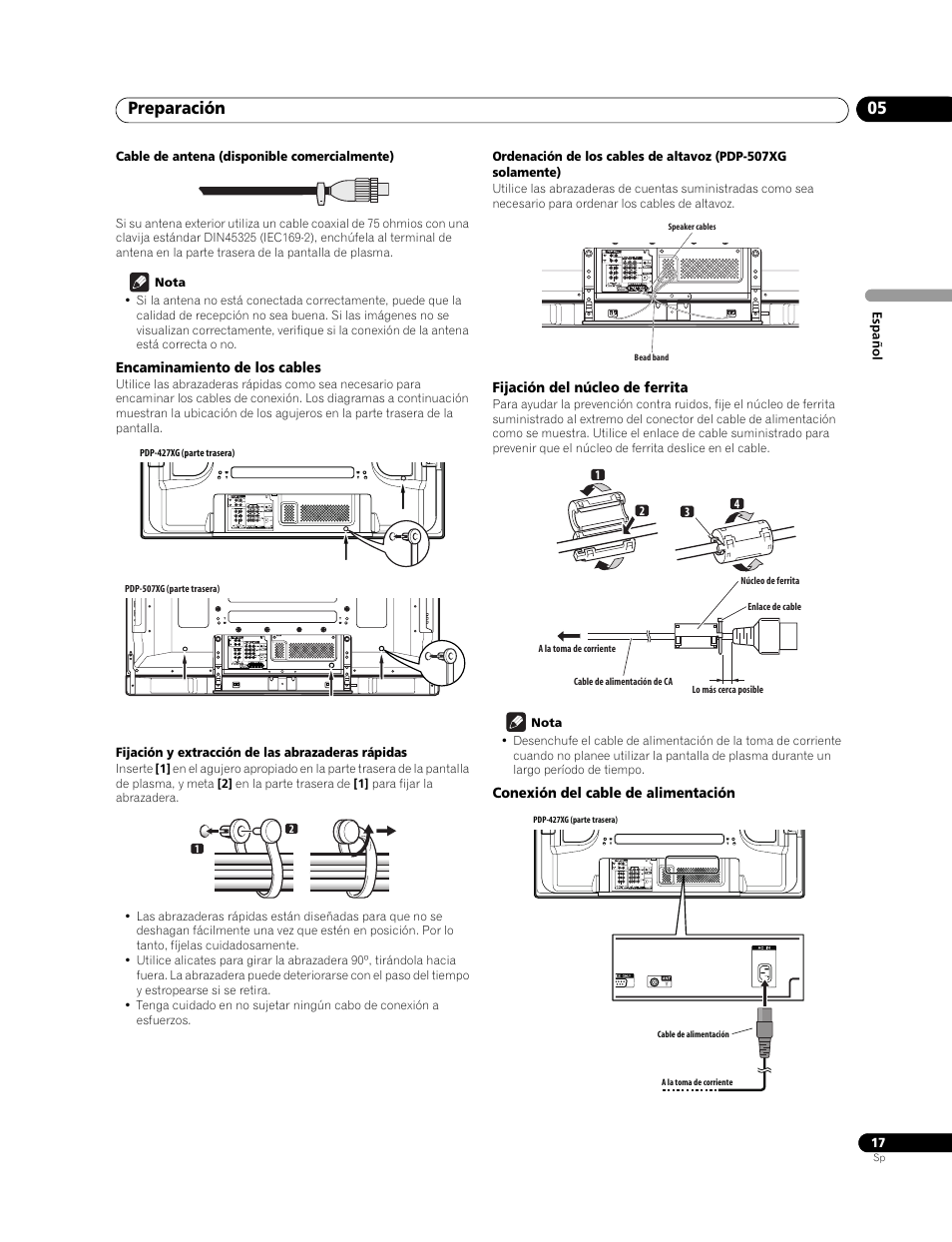 Encaminamiento de los cables, Fijación del núcleo de ferrita, Conexión del cable de alimentación | Preparación 05 | Pioneer PureVision PDP-507XG User Manual | Page 65 / 195