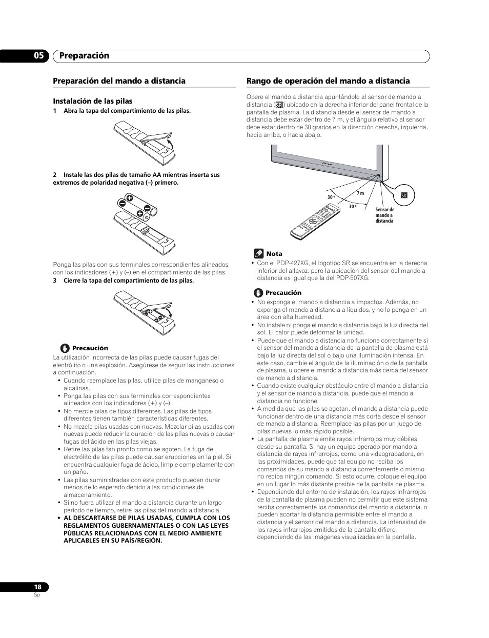 Preparación del mando a distancia, Instalación de las pilas, Rango de operación del mando a distancia | Preparación 05 | Pioneer PureVision PDP-507XG User Manual | Page 66 / 195