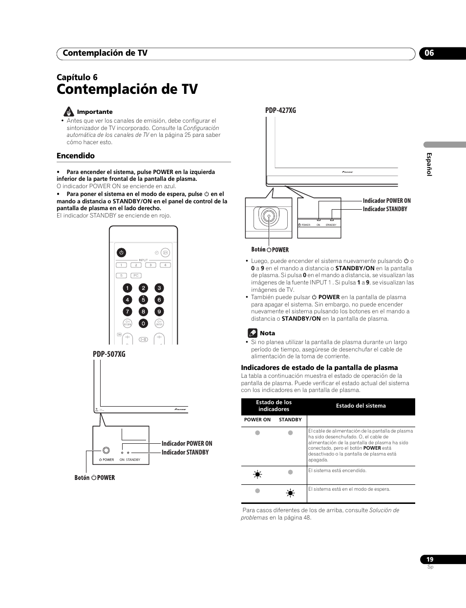 06 contemplación de tv, Encendido, Indicadores de estado de la pantalla de plasma | Contemplación de tv, Contemplación de tv 06, Capítulo 6, Pdp-507xg, Pdp-427xg | Pioneer PureVision PDP-507XG User Manual | Page 67 / 195