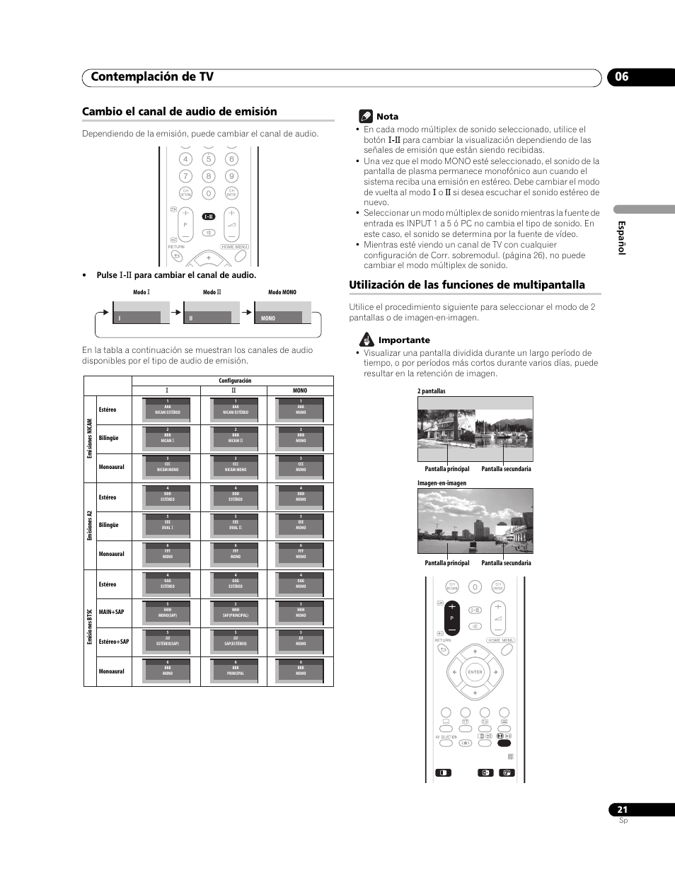 Cambio el canal de audio de emisión, Utilización de las funciones de multipantalla, Contemplación de tv 06 | Es paño l | Pioneer PureVision PDP-507XG User Manual | Page 69 / 195