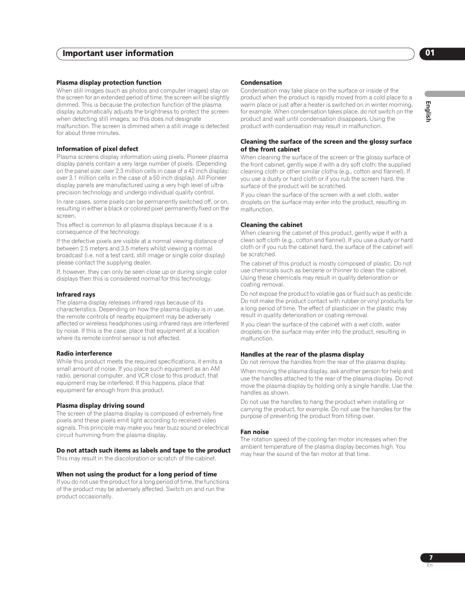 Important user information 01 | Pioneer PureVision PDP-507XG User Manual | Page 7 / 195