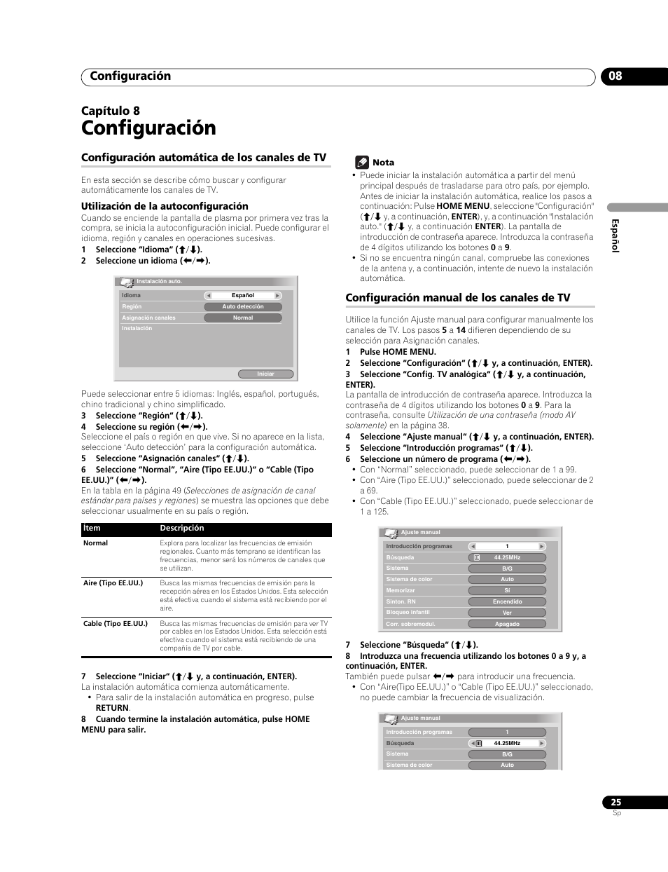 08 configuración, Configuración automática de los canales de tv, Utilización de la autoconfiguración | Configuración manual de los canales de tv, Configuración, Configuración 08, Capítulo 8 | Pioneer PureVision PDP-507XG User Manual | Page 73 / 195