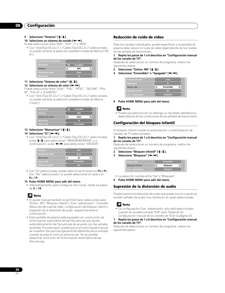 Reducción de ruido de vídeo, Configuración del bloqueo infantil, Supresión de la distorsión de audio | Configuración 08 | Pioneer PureVision PDP-507XG User Manual | Page 74 / 195