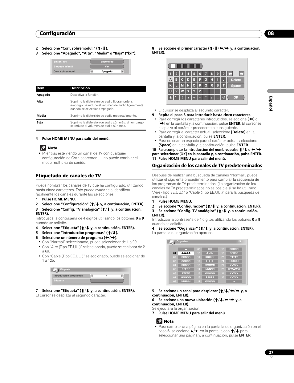 Etiquetado de canales de tv, Organización de los canales de tv predeterminados, Configuración 08 | Pioneer PureVision PDP-507XG User Manual | Page 75 / 195