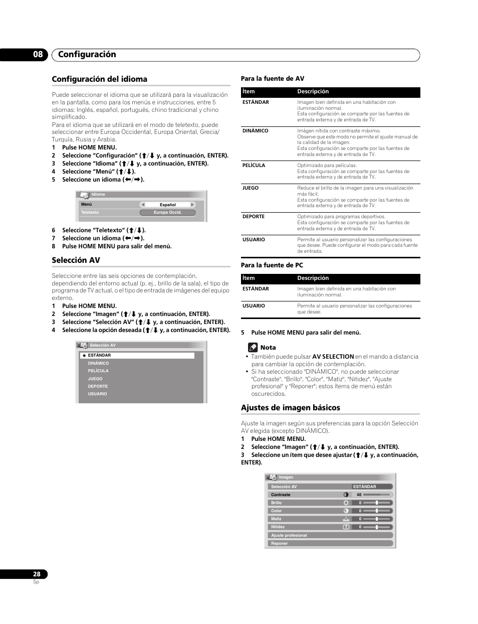 Configuración del idioma, Selección av, Ajustes de imagen básicos | Configuración 08 | Pioneer PureVision PDP-507XG User Manual | Page 76 / 195