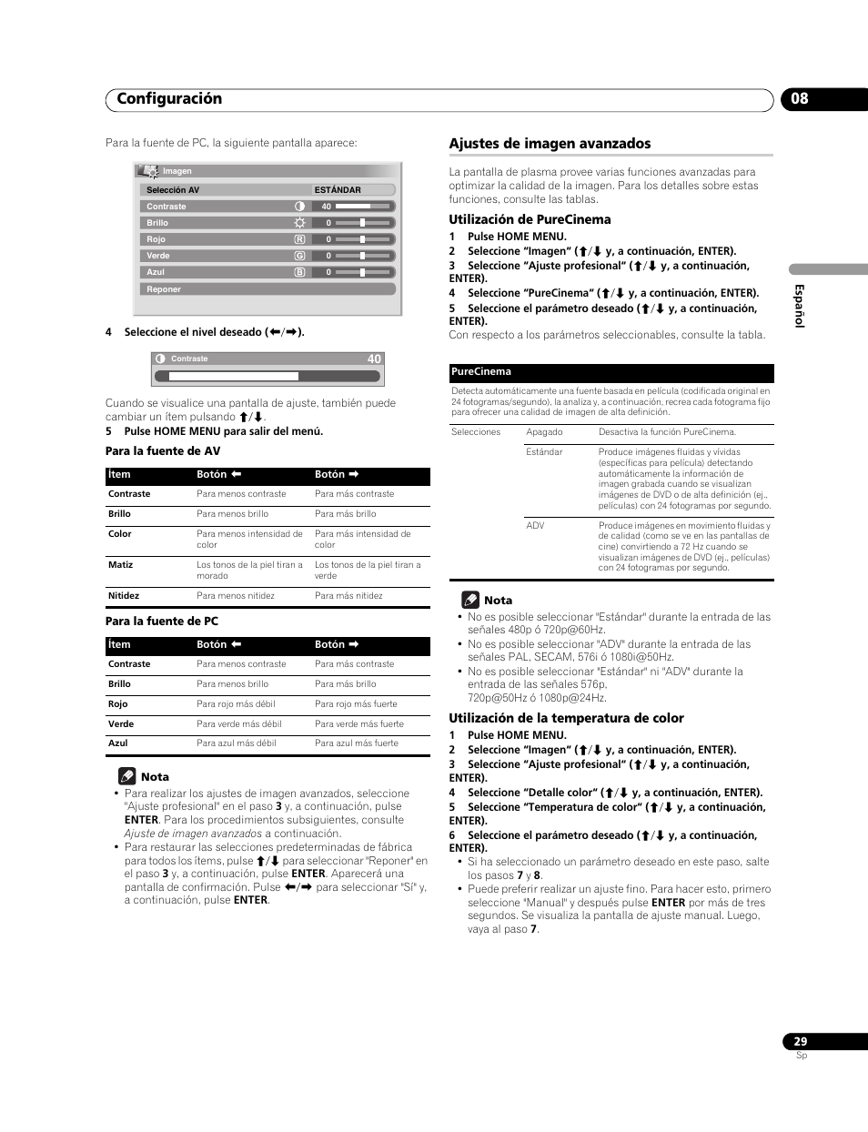 Ajustes de imagen avanzados, Utilización de purecinema, Utilización de la temperatura de color | Configuración 08 | Pioneer PureVision PDP-507XG User Manual | Page 77 / 195